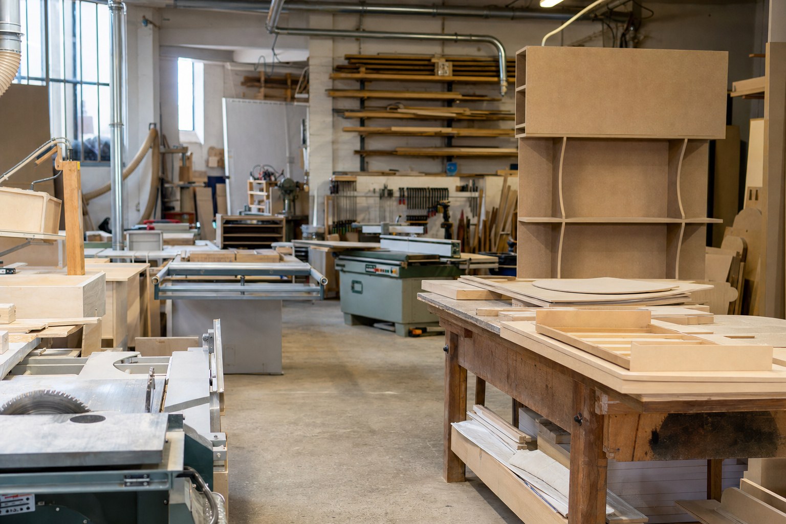 Falegnameria con sega circolare, banco in legno coperto da pannelli MDF, scaffale grezzo e listelli sulle rastrelliere