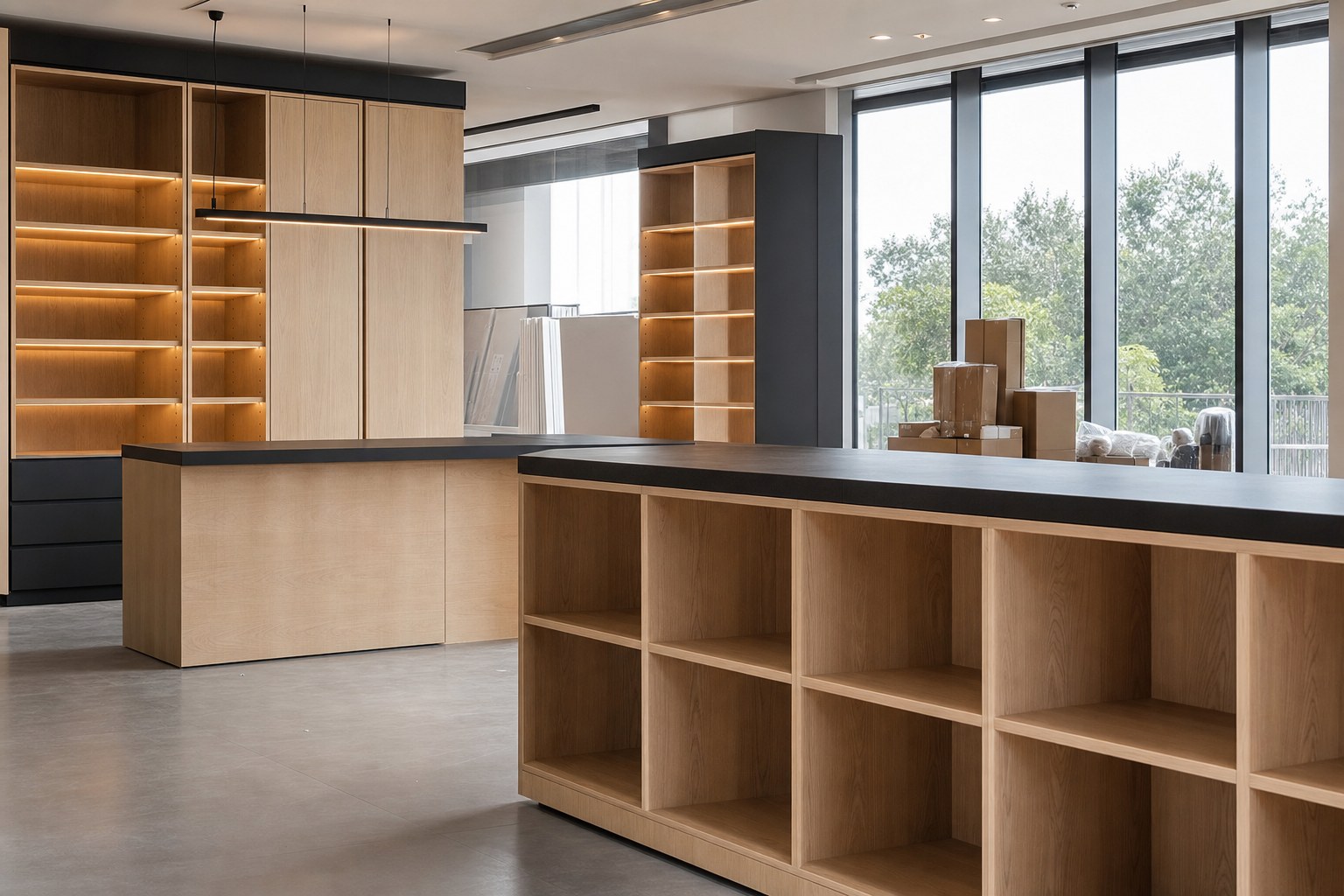 Negozio con banconi e scaffali in legno chiaro, piani neri, luci LED integrate, pavimento grigio e vetrate sul verde